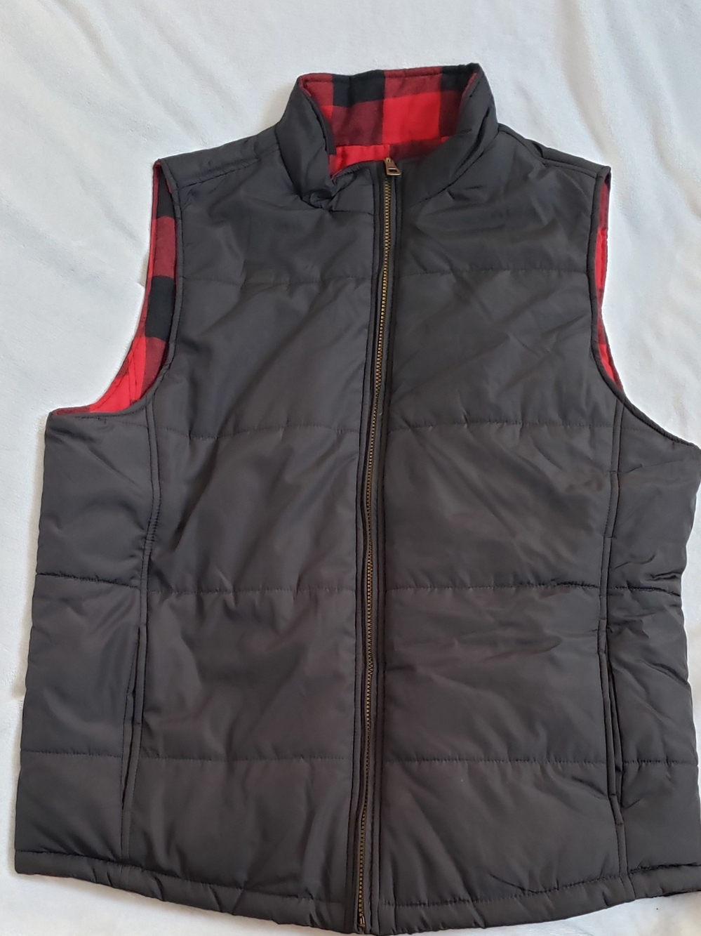 Weatherproof Double Sided Black Quilted Vest with Red Plaid Lining